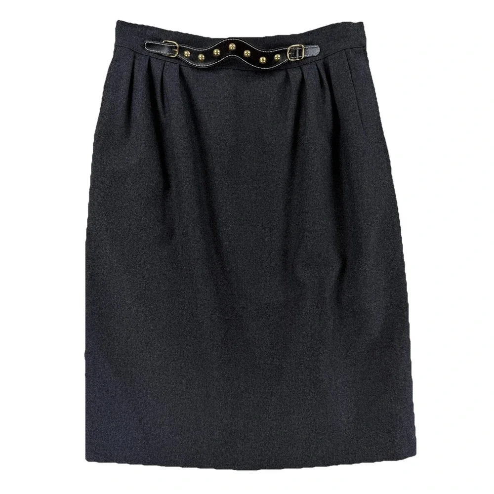 Hermes Skirt Womens 44 Gray Wool High Waist Belted‎ Pencil France Paris Designer